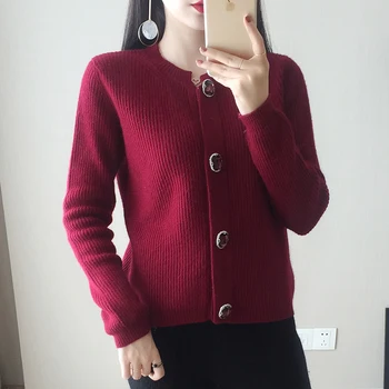 

JECH new cardigan women's spring and autumn cardigan ladies cashmere quality loose sweater women's knitted O-neck casual sweater
