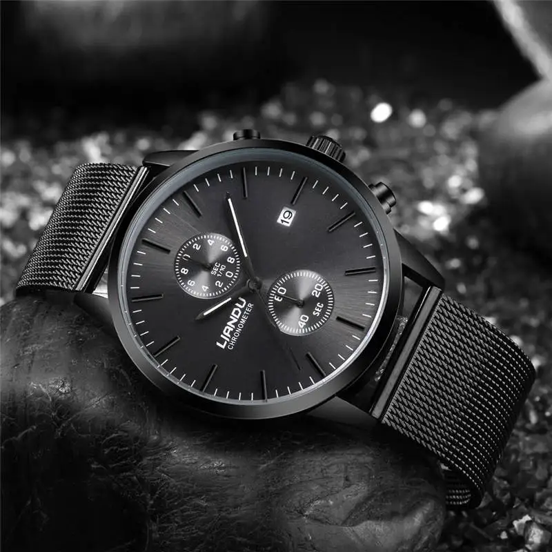 

LIANDU Luxury Brand Fashion Mens Watch Chronograph Black Dial Quartz Watch Multifunction Simulated Stainless Steel Mesh Watches