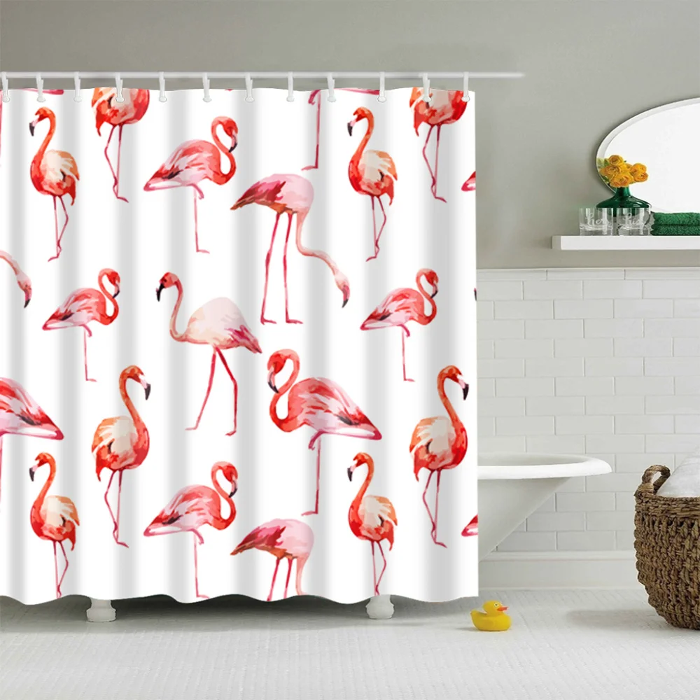 Pink Red Flamingo Digital Print Blue Shower Curtain Hook Birds Lover Home Decor 