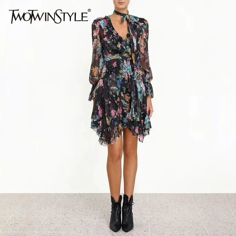 

TWOTWINSTYLE Vintage Print Mini Dress For Women V Neck Flare Sleeve High Waist Ruffles Bandage Dresses Female 2019 Summer