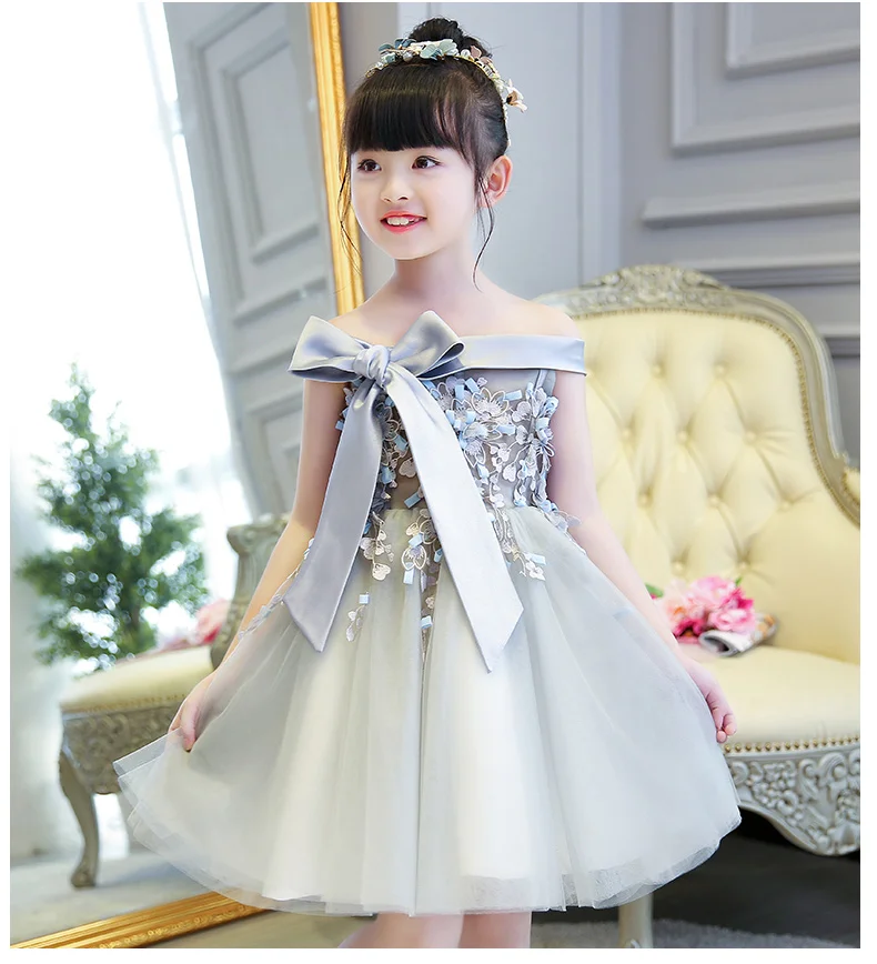 

2017 Gray Appliques first communion dresses Shoulderless Vestido Daminha Casamento Party Ball Gown Organza Flower Girl Dresses