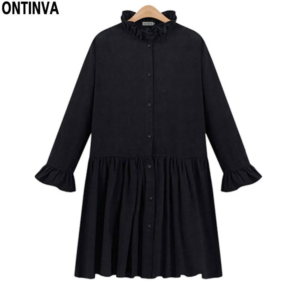 

Women Pleated Summer Dress 2020 Long Sleeve Ruffles Neck A-Line Solid Mini Dress Ladies Dresses Black White Mujer Vestidos