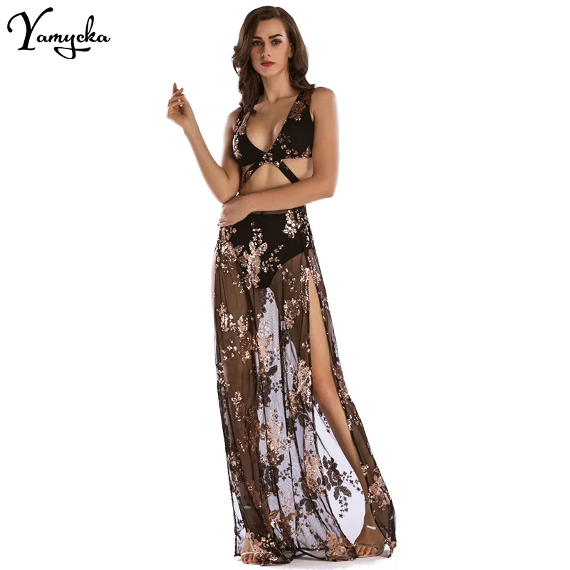 

Womens Bandage Sequins Maxi Dress 2018 New Sexy See Through V-neck Women Bodycon Luxury Club Wear Party Long Dresses Vestidos XL