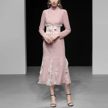 

High Quality Runway Designer Dress 2019 Spring Women Elegant Vintage Ruffles Long Sleeve Pink Polka Dot Dress Midi Chiffon Dress