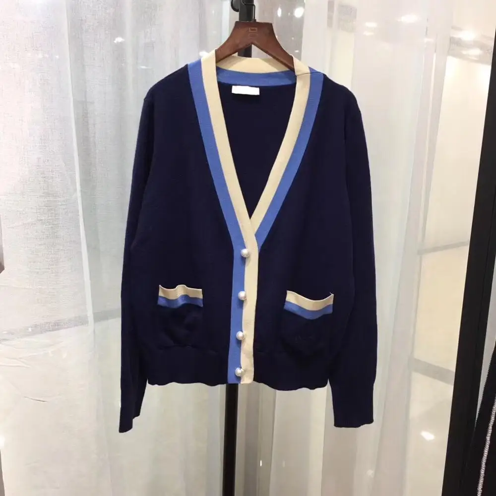 

2019 spring new hit the color V neck pearl button single breasted women casual cardigans sweater