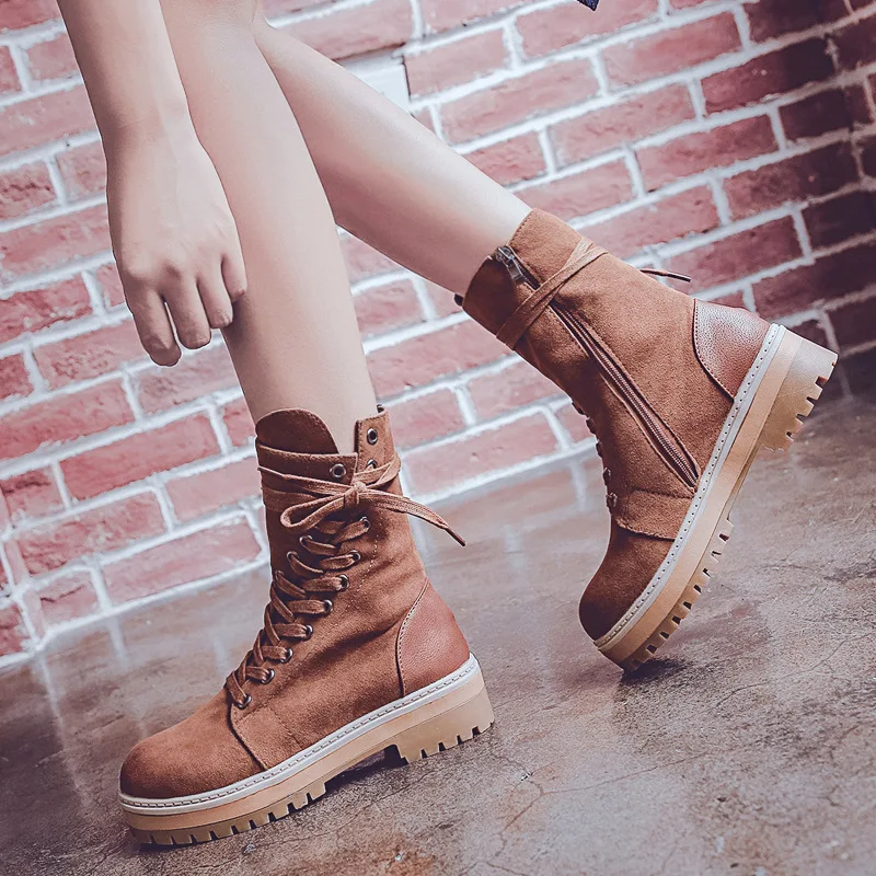 

Boots women 2018 etro Lace Up Boots Platform Flat Boots Ladies Shoes Round Toe Martin Boots Bota Feminina fgb789