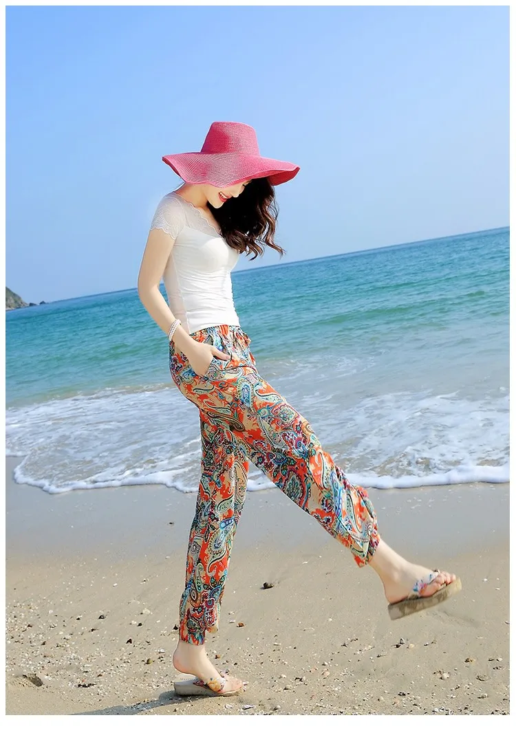 TingYiLi женские брюки с принтом Boho, летние пляжные шифоновые брюки, Узкие повседневные штаны-шаровары