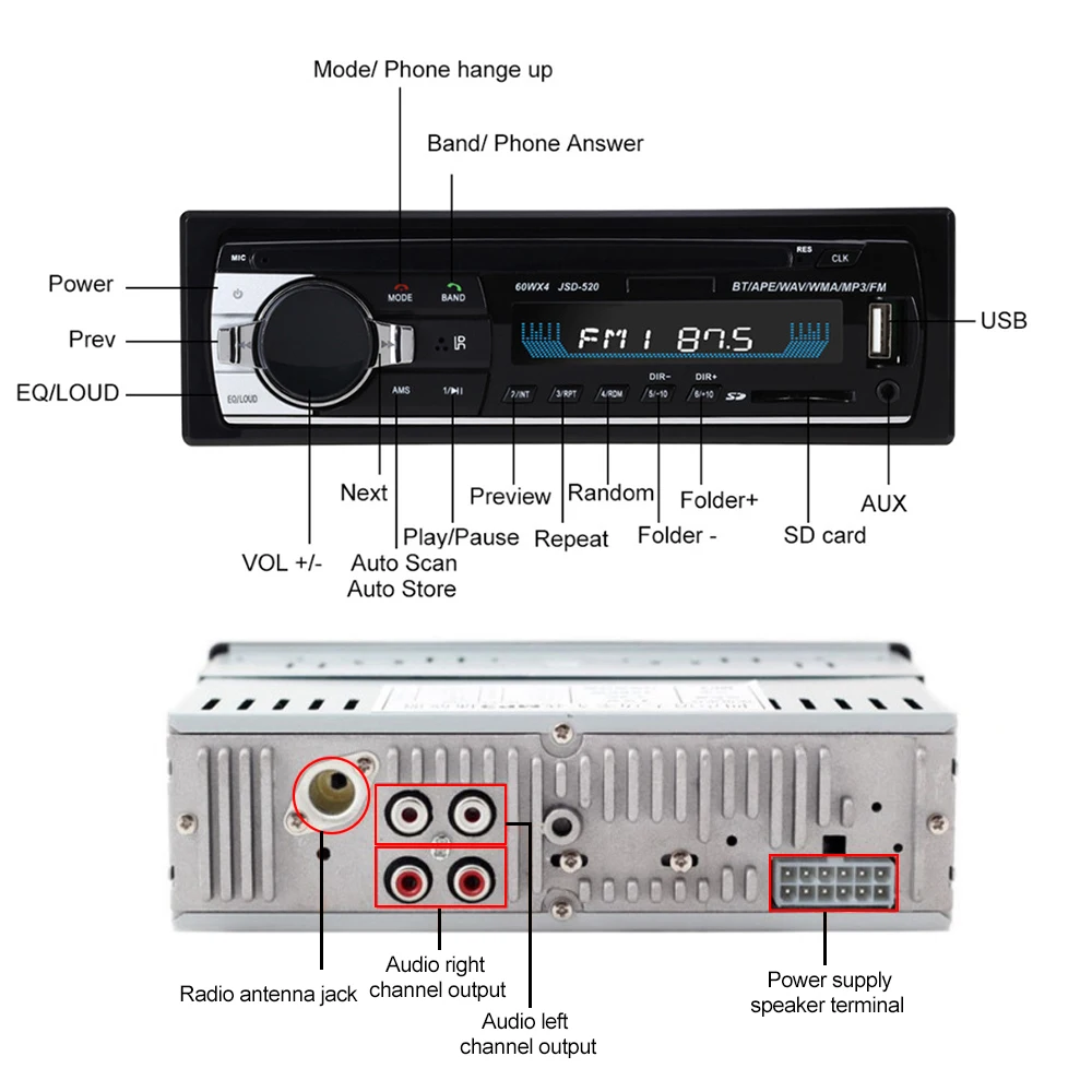 AZGIANT Remote Car Radio Stereo Bluetooth 12V In-dash 1 Din FM Aux Input Receiver SD USB MP3 MMC WMA Car Audio Player JSD-520