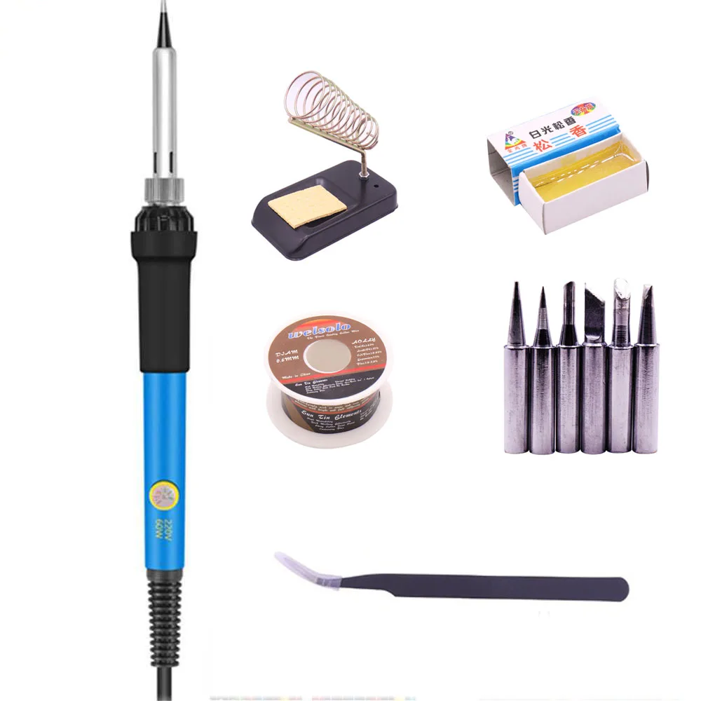 

EU 220V/110V blue 60W Electric Adjustable Temperature Welding Solder Soldering Iron Welding Tool with 6pcs Iron Tips + Tin wire