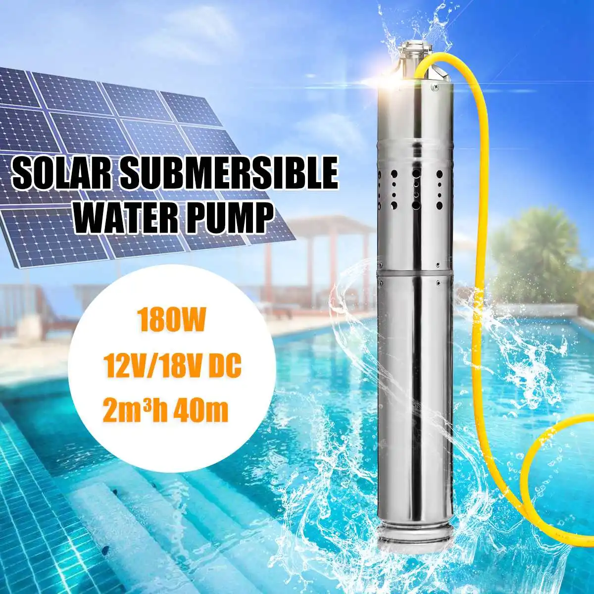 

DC12V/18V 180W Max Head 40m Submersible Solar Powered Pump Bore Hole Deep Well Pump For Farm Fishpond And Ranch