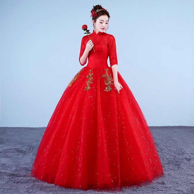 Настоящая фотография, свадебные платья,, высокий ворот, корейский стиль, красное романтическое кружевное платье принцессы с золотой вышивкой, Vestido De Novia