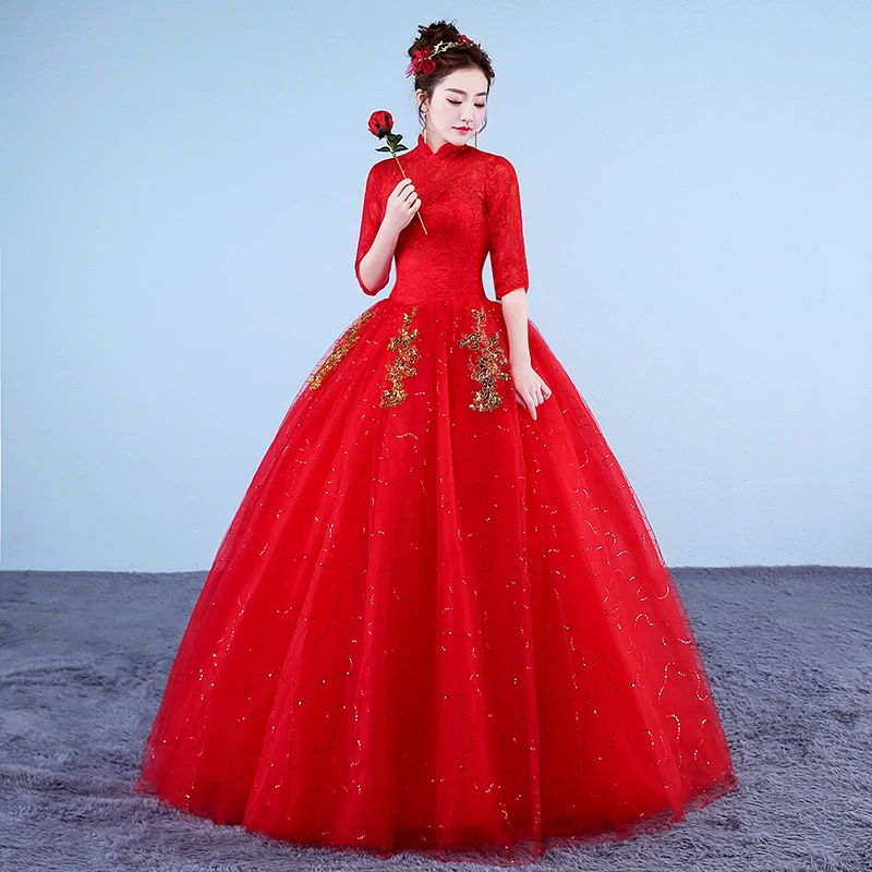 sexy wedding dresses Real Photo Vintage Wedding Dresses 2020 High Neck Korean Style Red Romantic Bride Princess Gold Lace Embroidery Vestido De Novia mermaid wedding dress