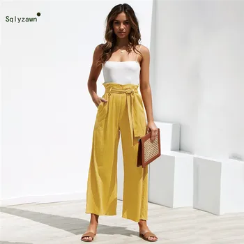 

Women Cotton Linen High Waist Palazzo Spring and Summer Solid Lace Up Trousers with Pockets Fashion Wide Leg Holiday Joggers