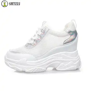 

SMTZZJ 2019 Luxury Designer Platform Soft thick Bottom White Silver Mesh Net clothe Flat Shoes Women Casual Increased Sneakers