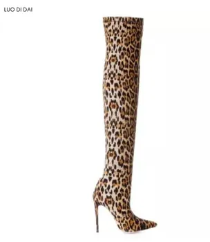 

2020 sexy women boots leopard booties thin heel over knee high boots ladies party shoes fashion leopard print booties women