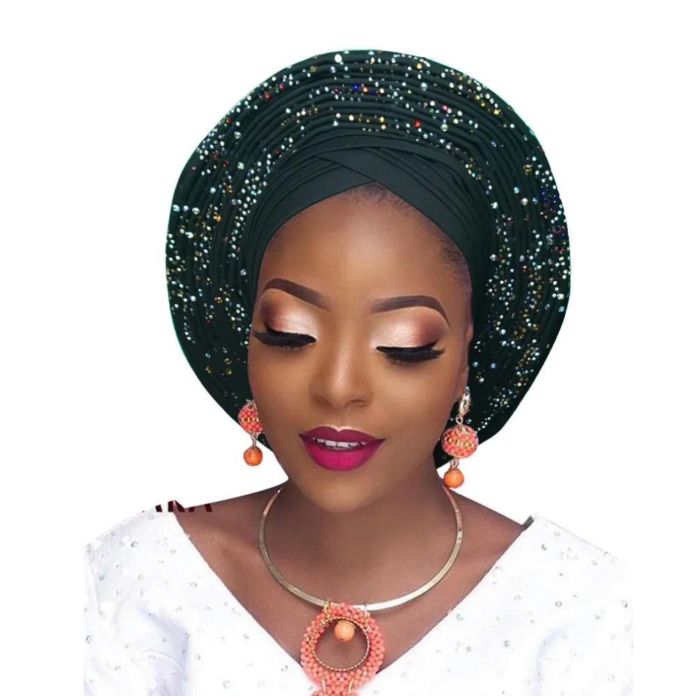 Stoned African headtie nigerian headtie auto gele african head wrap african turban headband aso oke headwear (1)