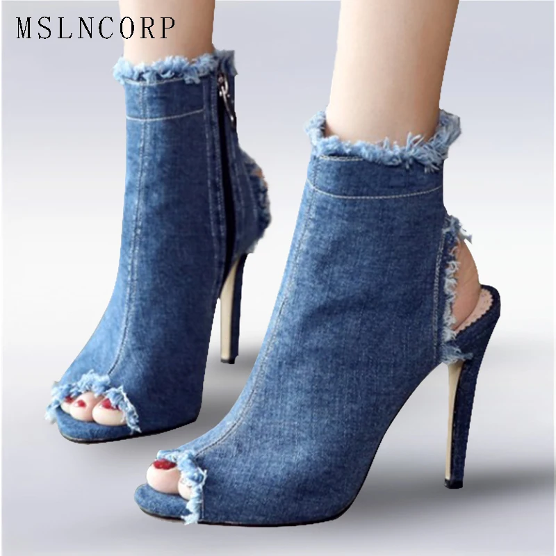 

size 34-43 Women Sandals Denim New Summer Gladiator Ankle Boots Fashion Peep Toe Zipper Thin High Heel Pumps Office Lady Shoes