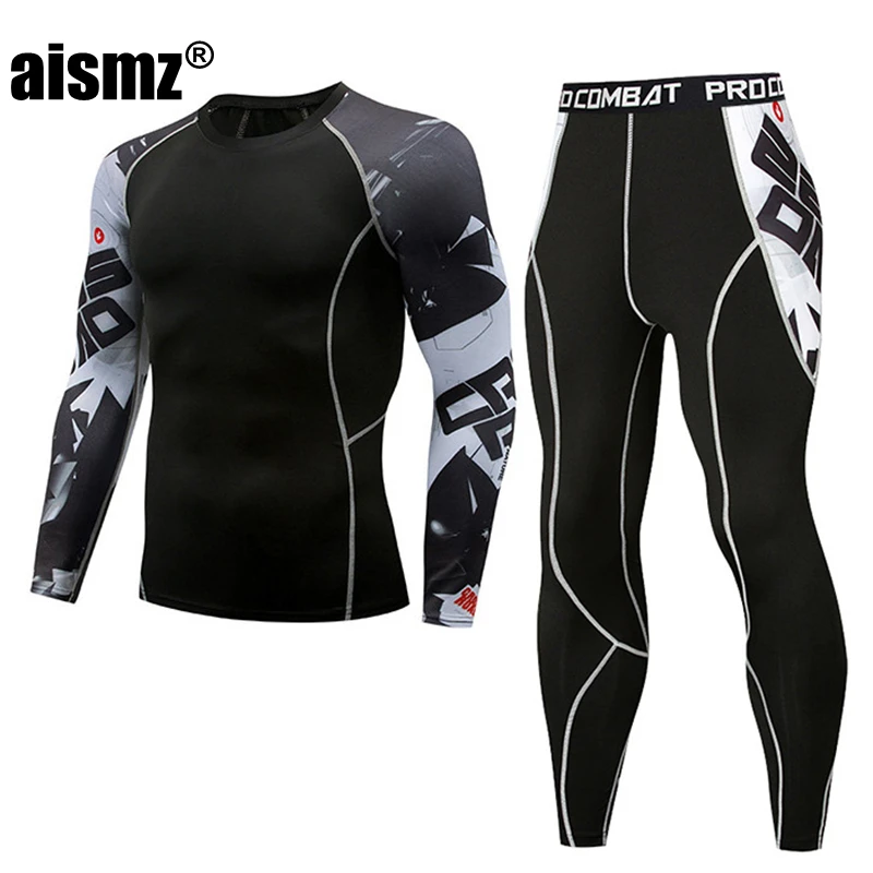 Aismz Men Thermal Underwear Sets Fashion Printing Compression Fleece Sweat Quick Drying Thermo Underwear Men Clothing Long Johns men's thermal underwear sets Long Johns