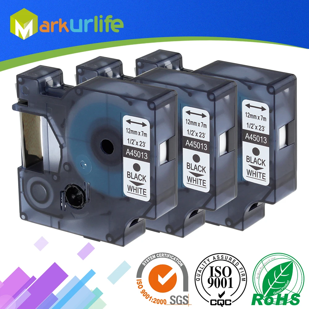 3 pcs/lot Compatible DYMO D1 Label Tape 12mm DYMO 45013 S0720530 Black