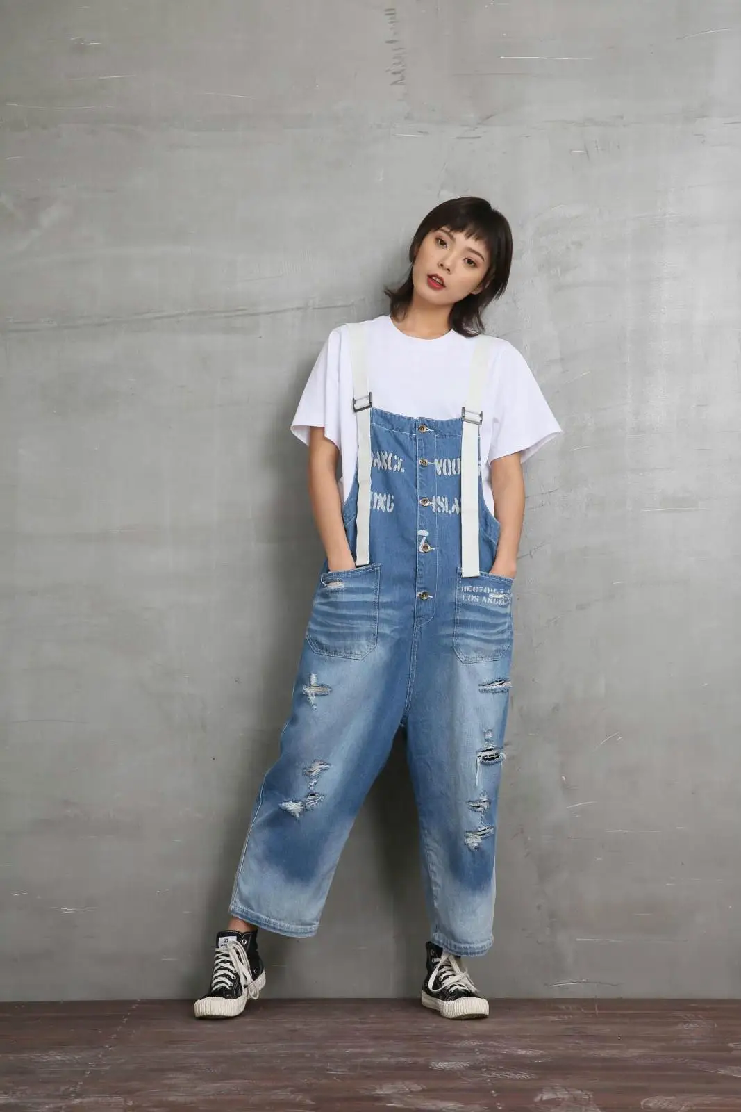 Fashion Vintage Letter Blue Bib Pants Woman Summer 2019 New Japanese Style Large Size Make Old Casual Jeans XL-01 | Женская одежда