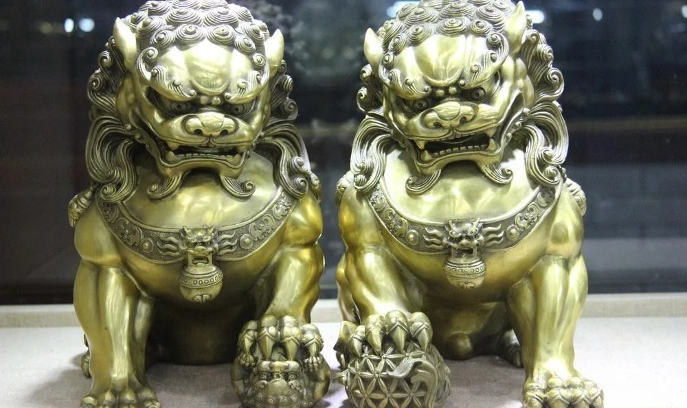 free shipping Chinese Brass Copper Feng shui Animal Fu Foo Dog Guardian