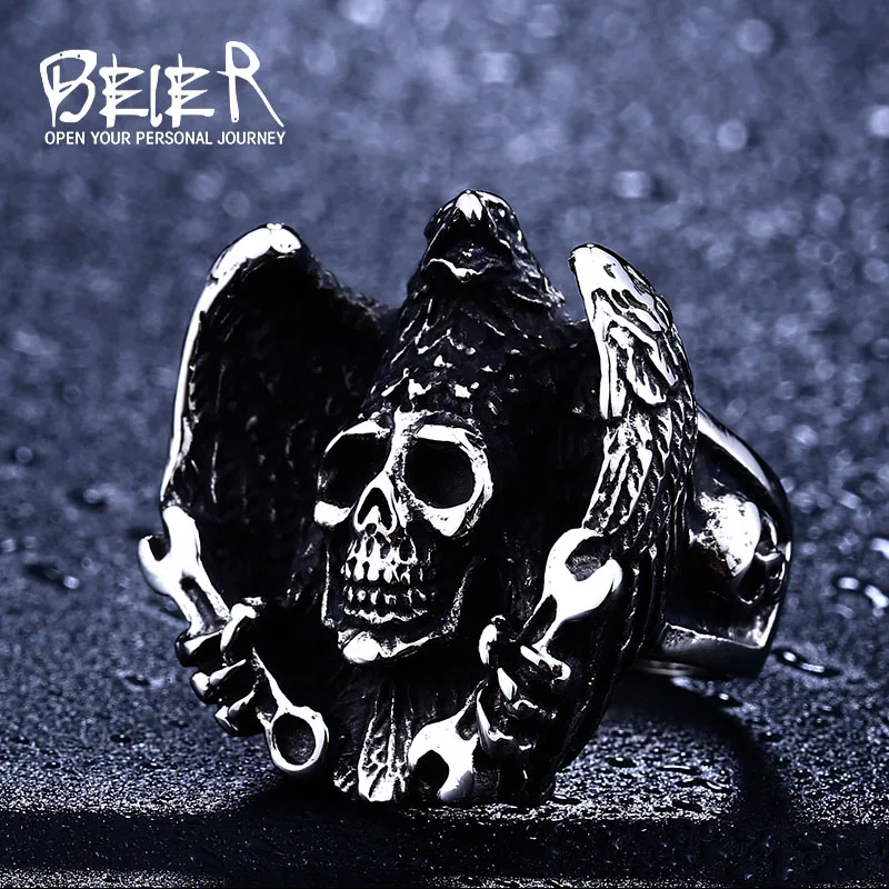 

Beier new store 316L Stainless Steel ring top quality Gothic skull Ring with tool Biker Jewelry BR8-435