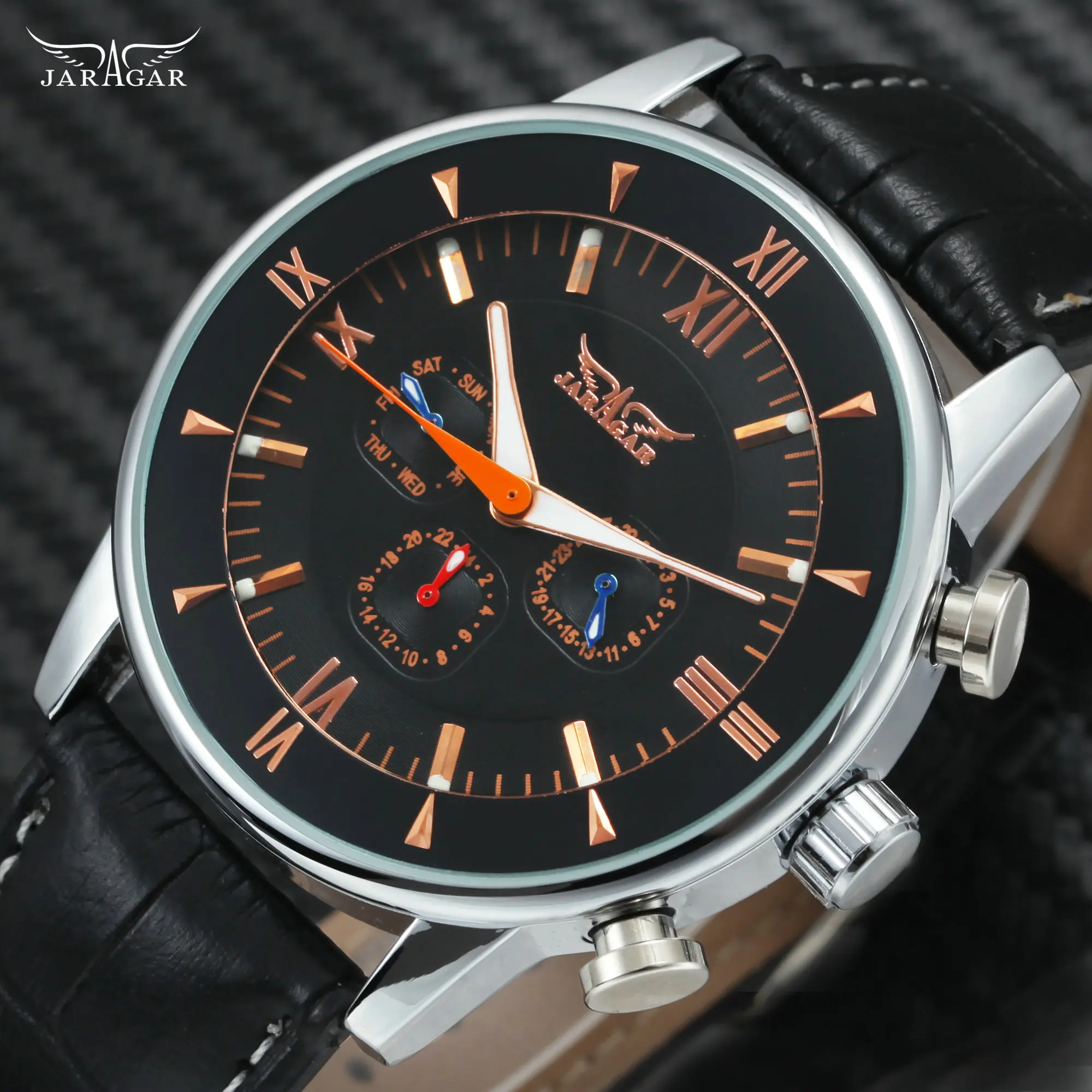 

JARAGAR Fashion Men Automatic Wrist Watches Roman Numerals Dial 3 Sub-dials 6 Hands Mechanical Wristwatch for Men Heren Horloge