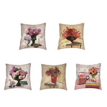 

Stylish Flowers Pattern White Cushion Cover Vintage Camera Telephone Printing Polyester Peach Skin Pillowcase Home Sofa Decorate