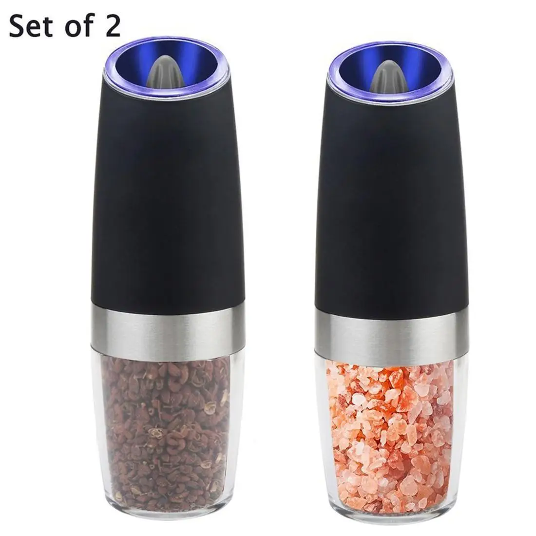 Set of 2 Electric Gravity Pepper& Salt Grinder with LED Light Automatic Adjustable Pepper Spice Mill Kitchen Grinding Tools