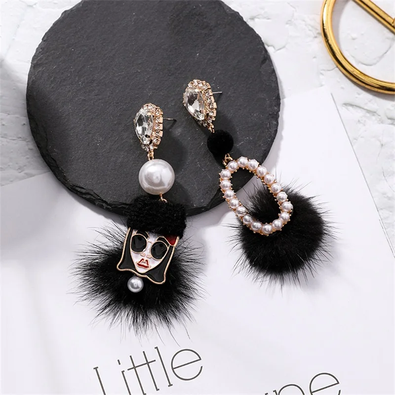 

MINGQI Modern fashion black hair ball crystal personality wearing hat girl asymmetric pearl long earrings women winter jewelry