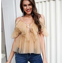 Fannic V Neck Strap Boho Mesh Blouse Shirt Women Ruffle Short Sleeve Elegant Peplum Tops Summer Lace Up Ladies Sexy Blusas dot mesh v neck lace insert peplum top