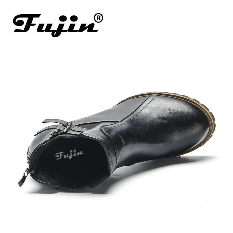 Женские кожаные ботинки Fujin черные на платформе и высоком каблуке весну осень