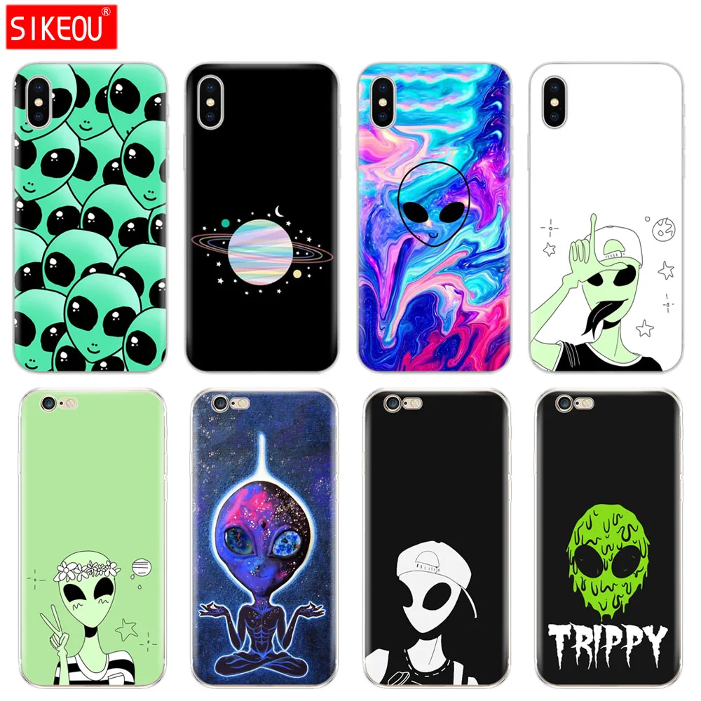 

Silicone Cover Phone Case For Iphone 6 X 8 7 6s 5 5s SE Plus 10 Case Trippy Alien emoji