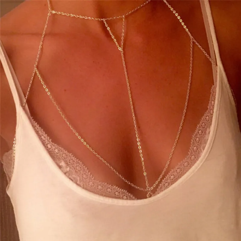

Gold Silver Link Chain Bra Multilayer Sexy Beach Bikini Harness V Necklaces Women Body Chain Jewelry Gift