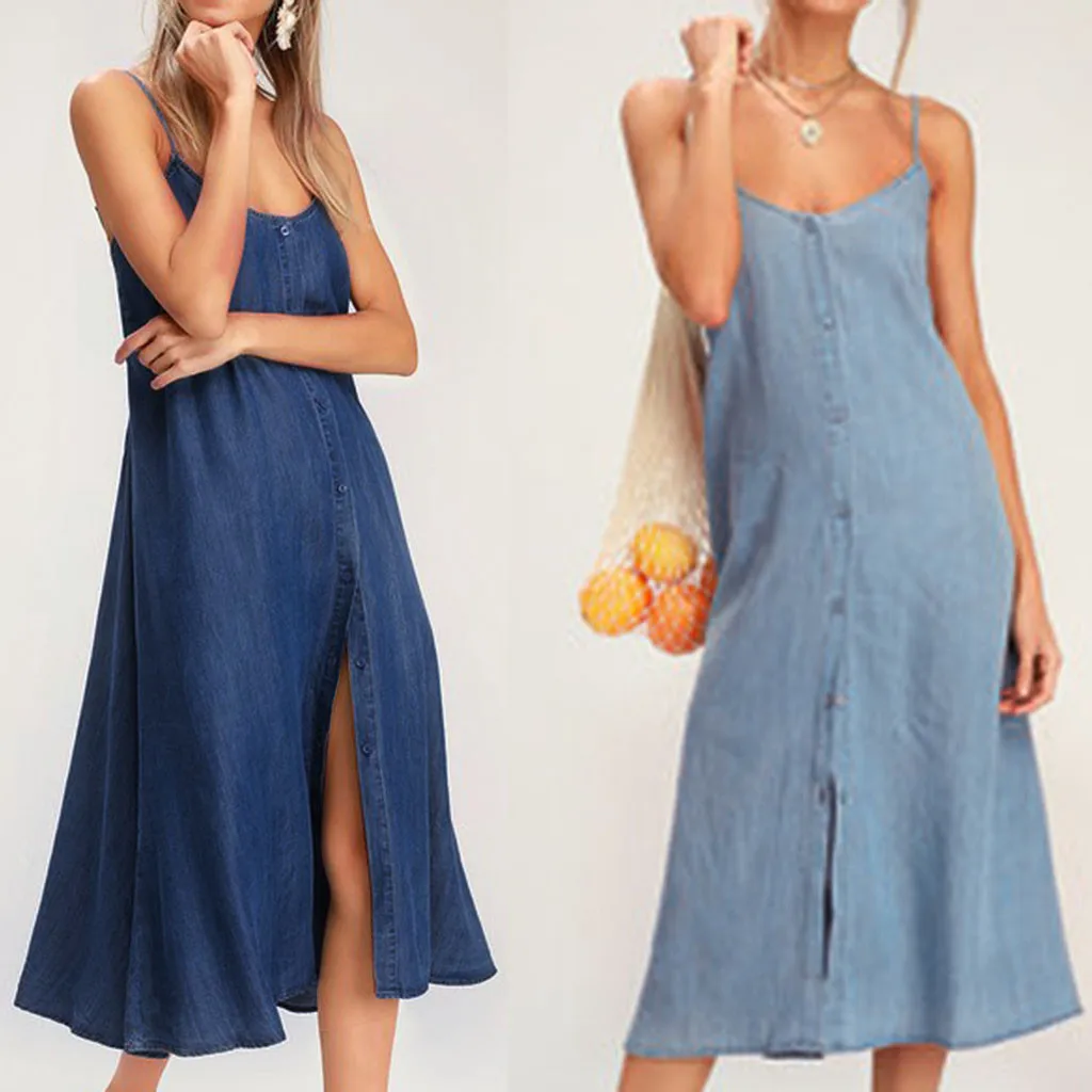 

2019 New Hot Sale Women Denim Off Shoulder Spaghetti Strap Backles Sleeveless Party Dresses Elegant Ladies Vestido das senhoras