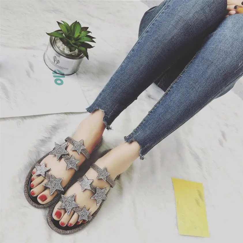 

2019 New Women Diamond Sand Beach Sandals Ankle Flats Platform Wedge Shoes Leather Open Toe Five-Star Gladiator Summer Shoes