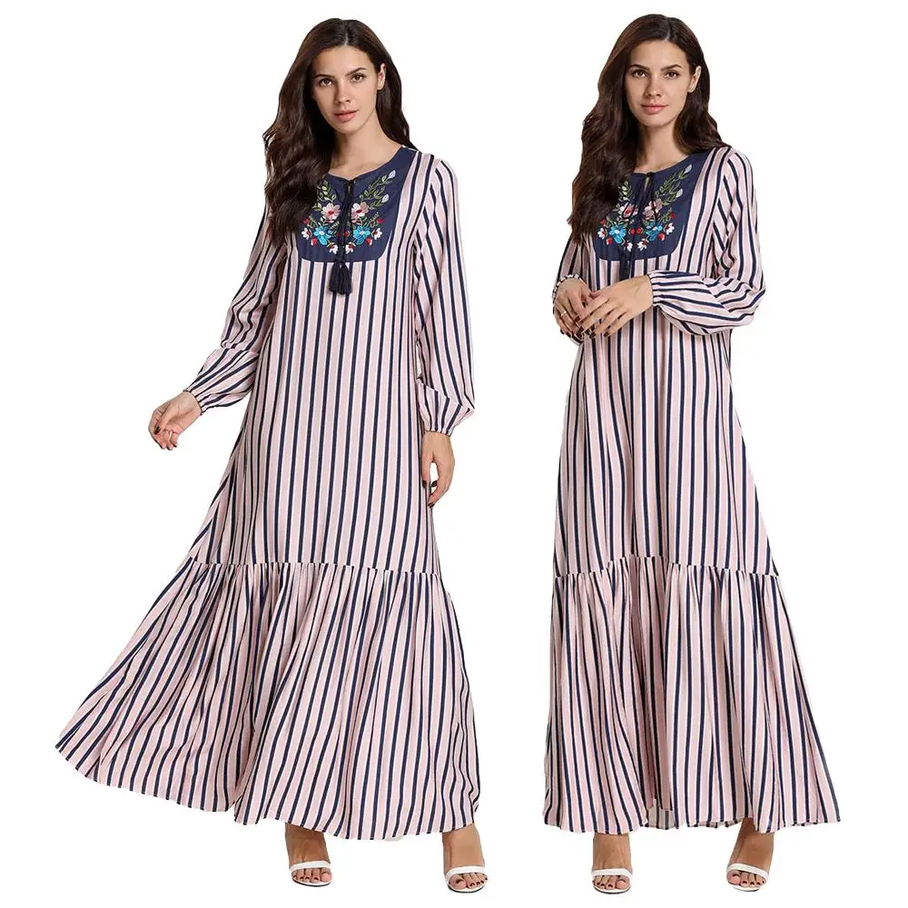 Ethnic Women Casual Muslim Long Sleeve Maxi Dress Abaya Kaftan Stripe Loose Robe Embroidery Plus Size Gown Islamic Clothing |