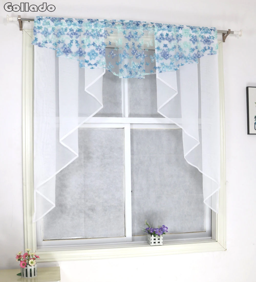 Butterfly Printed Design Pleated Valance Sheer Volie Balcony Kitchen