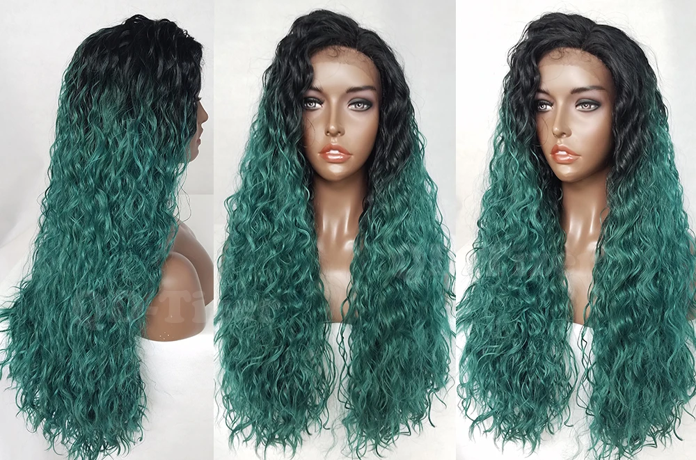 QD-Tizer Long Loose Curly Hair Two Tone Ombre Lace Front Wigs Glueless Green Color Synthetic Lace Front Wig for Women5