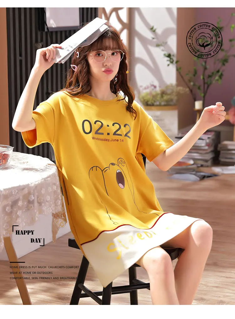 Sexy Sleepwear Summer Nightwear Women Night Dress Knitted Cotton Cartoon Nightgown Cute Sweet Short Sleeve Big Size Nighty Wear