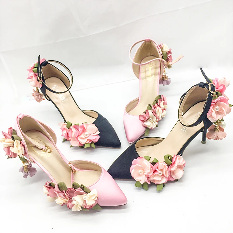 Shoes Adults Sandals Wedding Pink Silks Satins Bridal Shoes Pointed Toe Ultra High Heels Lace Flower Pearl Formal Dress Shoes