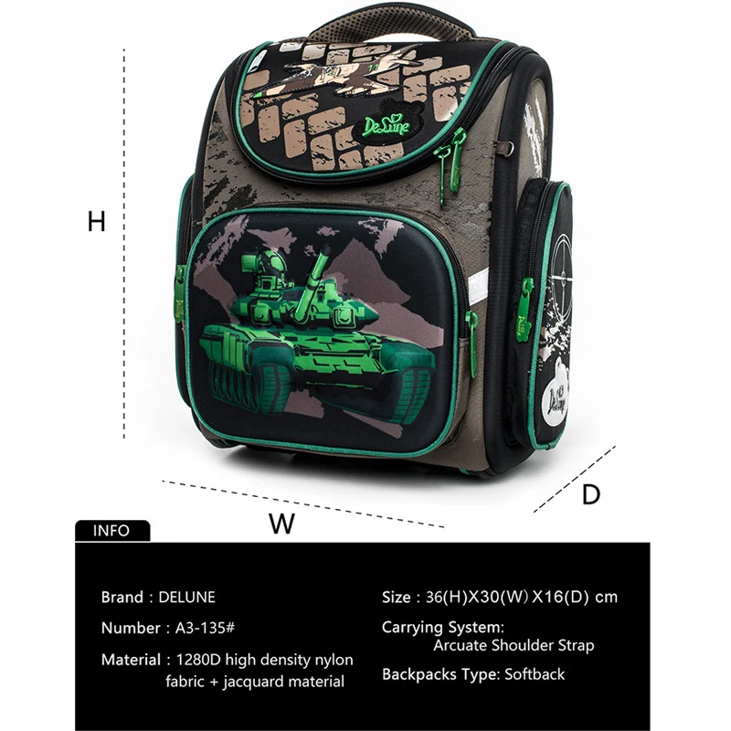Delune зеленый танк шаблон школьные ранцы для мальчиков девочек рюкзаки с персонажами мультфильмов детский ортопедический рюкзак первоклассника Mochila Escolar