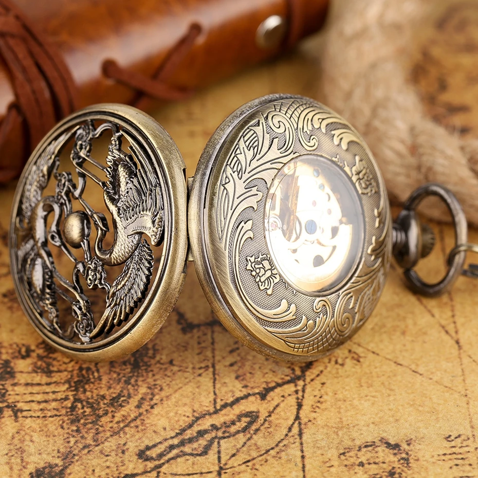 Vintage Chinese Crane Pattern Mechanical Pocket Watch Retro Bronze Phoenix Hand-winding Pendant Chain Clock Men Women Elder Gift (11)