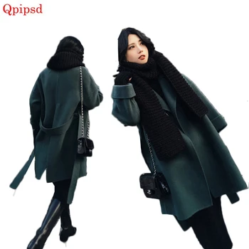 

Dark Green Double-sided Woolen Coats Female Autumn And Winter Long Section Korean Version Woolen Jacket Loose Woolen Coats Women