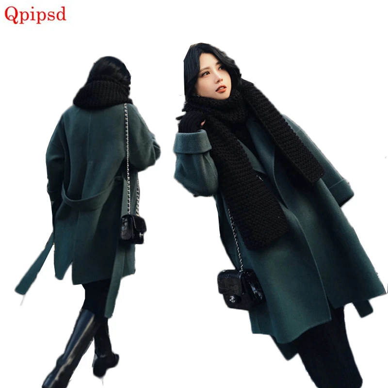

Dark green double-sided woolen coats female autumn and winter long section Korean version woolen jacket loose woolen coats women