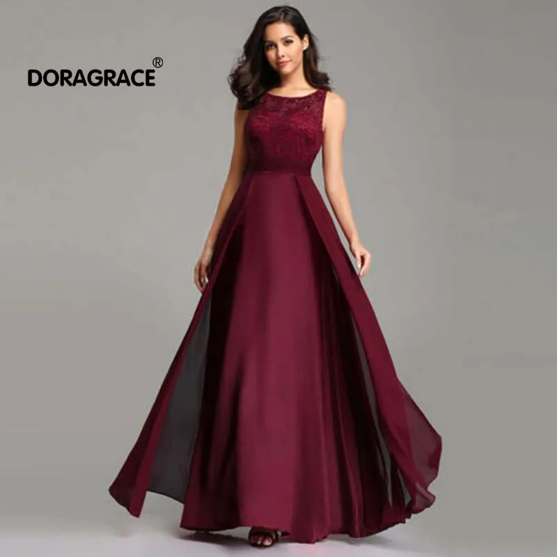

Doragrace Real Photo robe de soiree Simple Elegant Lace Chiffon Burgundy Evening Dresses Prom Gowns Long Party Dress