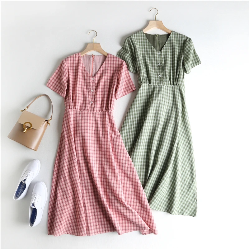 

2019 summer new simple Korean version with high waist slim slimming cotton and linen plaid long dress
