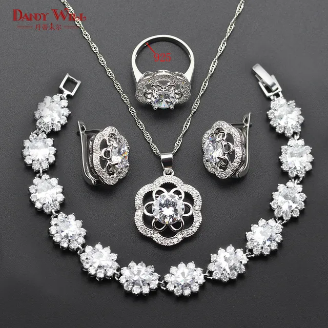 white zircon jewelry sets for women 925 logo silver color earrings
