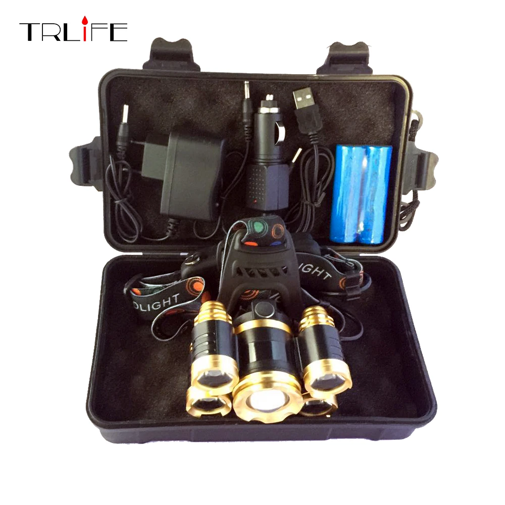 

40000Lums LED headlamp 3/5*T6 Headlight 5 modes Zoomable Ajustment flashlight Head lamp+2*18650 Battery+DC/AC Charger+BOX