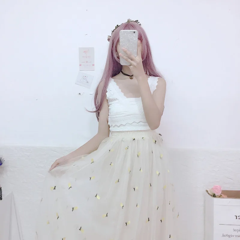 Свежий ананас вышивка Сетчатое длинное платье женская одежда Япония Kawaii Ретро